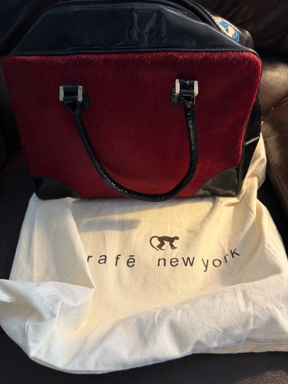 Rafe New York Red Horse Hair with Black Patent Trim Bag Purse Satchel Tote NWOT